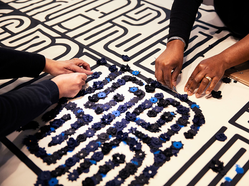 Lemarié Exhibition space: Details: Genealogies of OrnamentCurated by: Judith ClarkArtisans from Maison Lemarié at workKeywords: CHANEL, Gestures, handsHomo Faber Event 2022